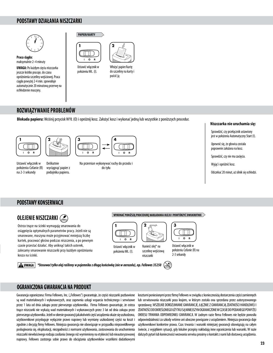 Fellowes P70CM manual Podstawy Działania Niszczarki, Rozwiązywanie Problemów, Podstawy Konserwacji Olejenie Niszczarki 