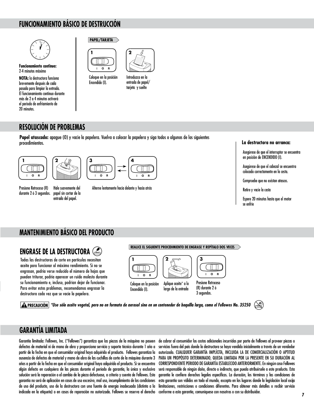 Fellowes P70CM manual Funcionamiento Básico DE Destrucción, Resolución DE Problemas, Garantía Limitada, Procedimientos 