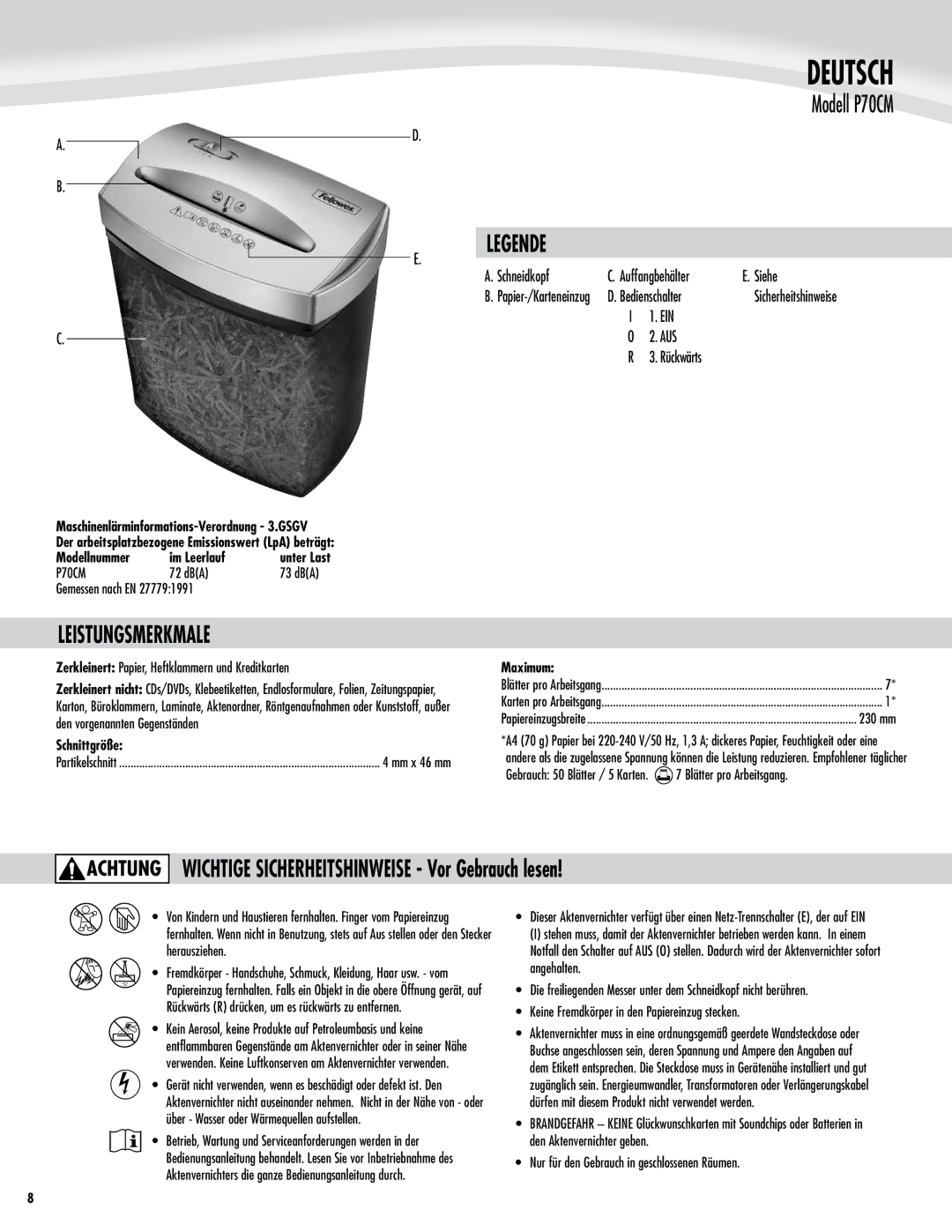 Fellowes P70CM manual Deutsch, Leistungsmerkmale, Wichtige Sicherheitshinweise Vor Gebrauch lesen 