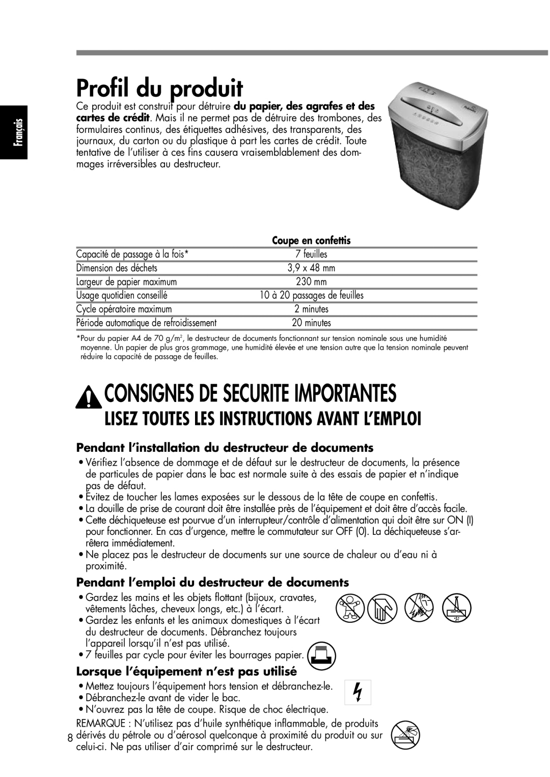 Fellowes P70CM manual Profil du produit, Pendant l’installation du destructeur de documents 