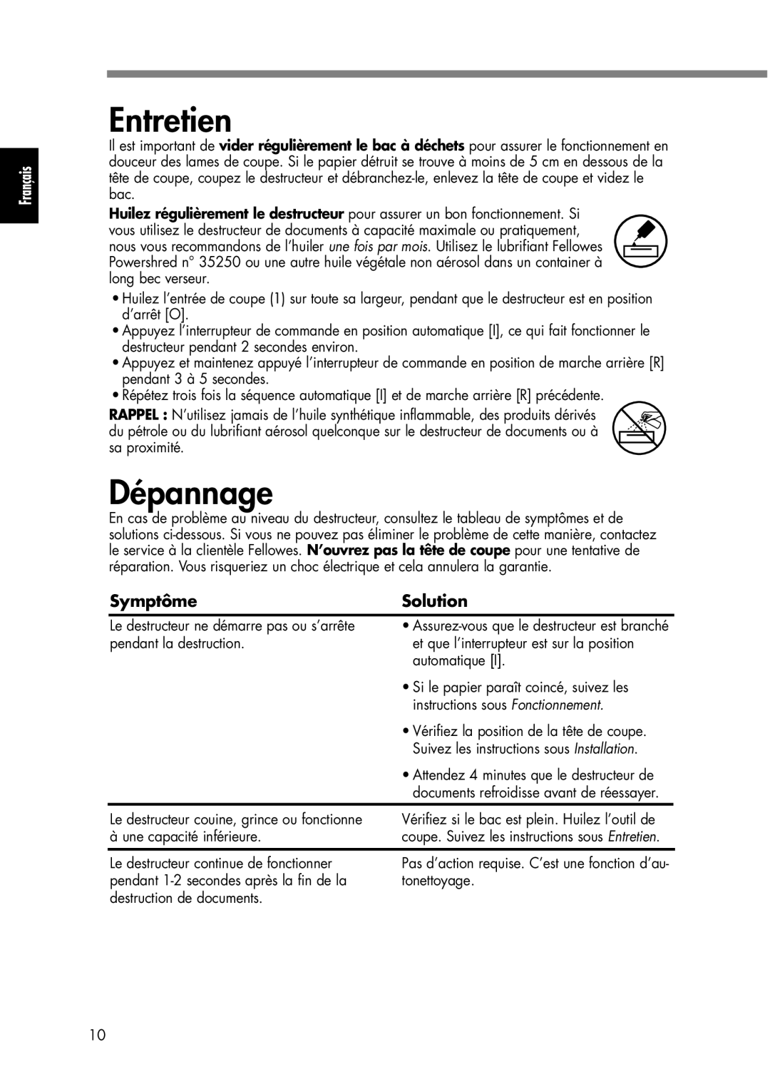 Fellowes P70CM manual Entretien, Dépannage, Symptôme Solution 