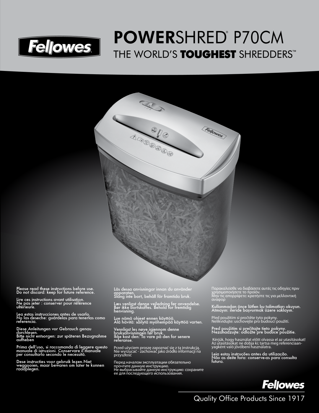 Fellowes manual POWERSHRED P70CM, Quality Office Products Since 
