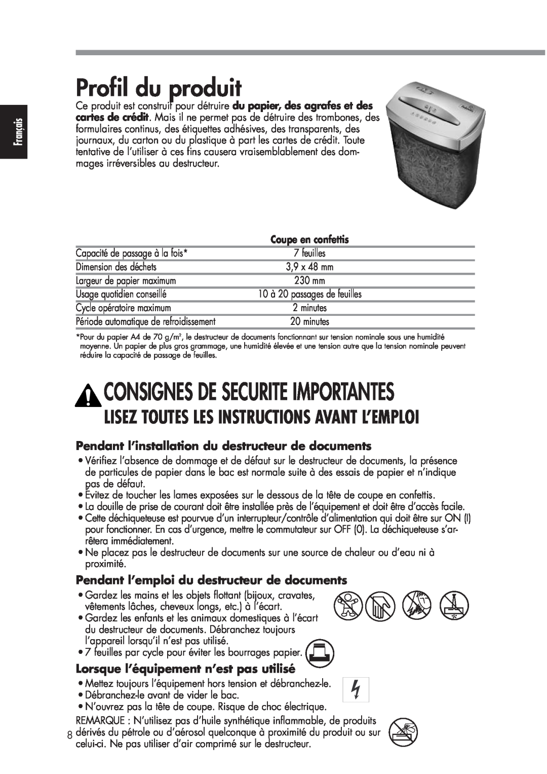 Fellowes P70CM Profil du produit, Pendant l’installation du destructeur de documents, Consignes De Securite Importantes 