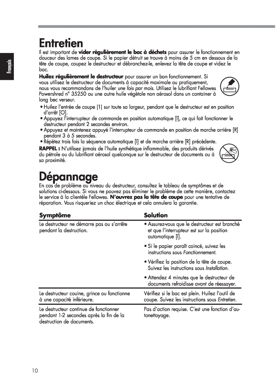 Fellowes P70CM manual Entretien, Dépannage, Symptôme, Solution 