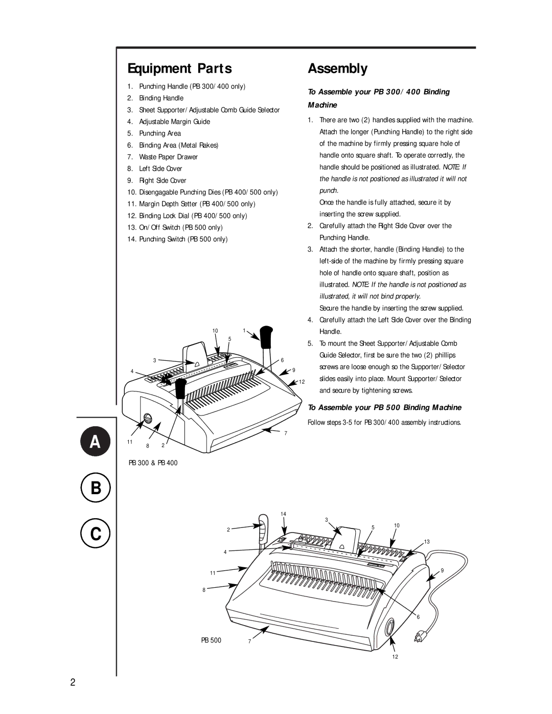 Fellowes PB 500, PB 300, PB 400 manual Equipment Parts, Assembly 