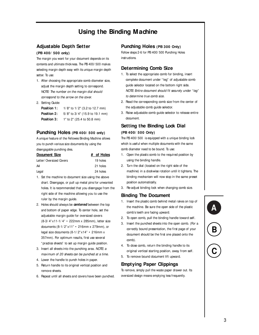 Fellowes PB 300, PB 400, PB 500 manual Using the Binding Machine, Adjustable Depth Setter 