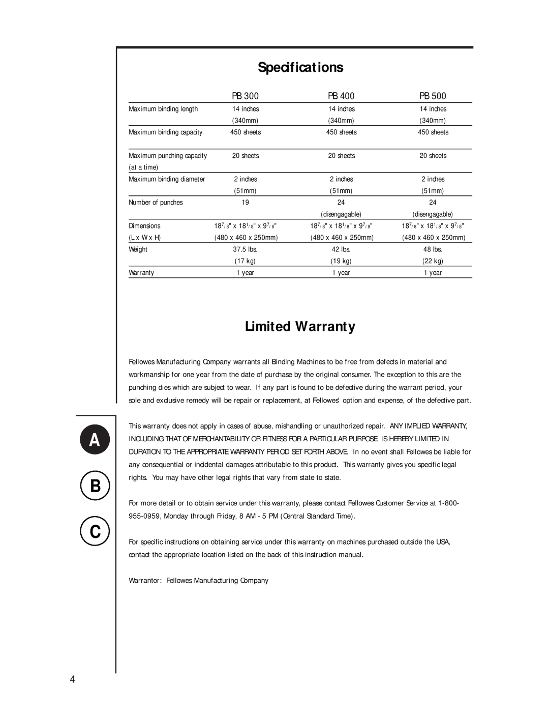 Fellowes PB 400, PB 300, PB 500 manual Specifications, Limited Warranty 