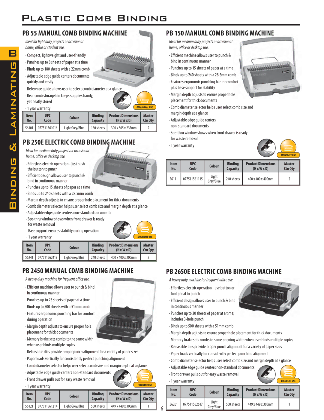 Fellowes PB150, PB250 manual Plastic Comb Binding, Laminating Binding, PB 150 Manual Comb Binding Machine 