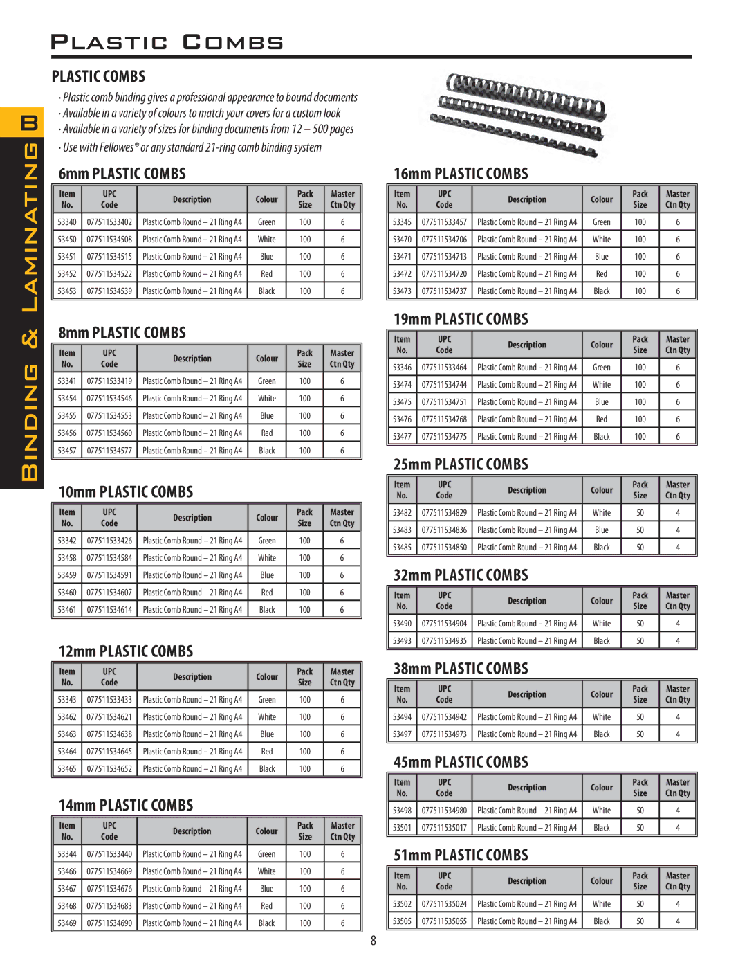 Fellowes PB150, PB250 manual Plastic Combs, Pack, Size, Description 