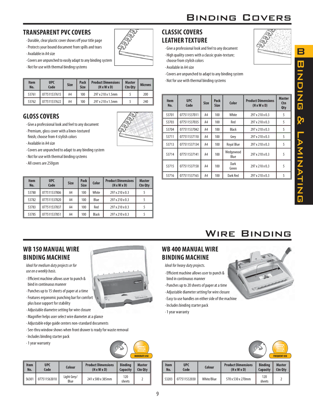 Fellowes PB250, PB150 manual Binding Covers, Wire Binding 