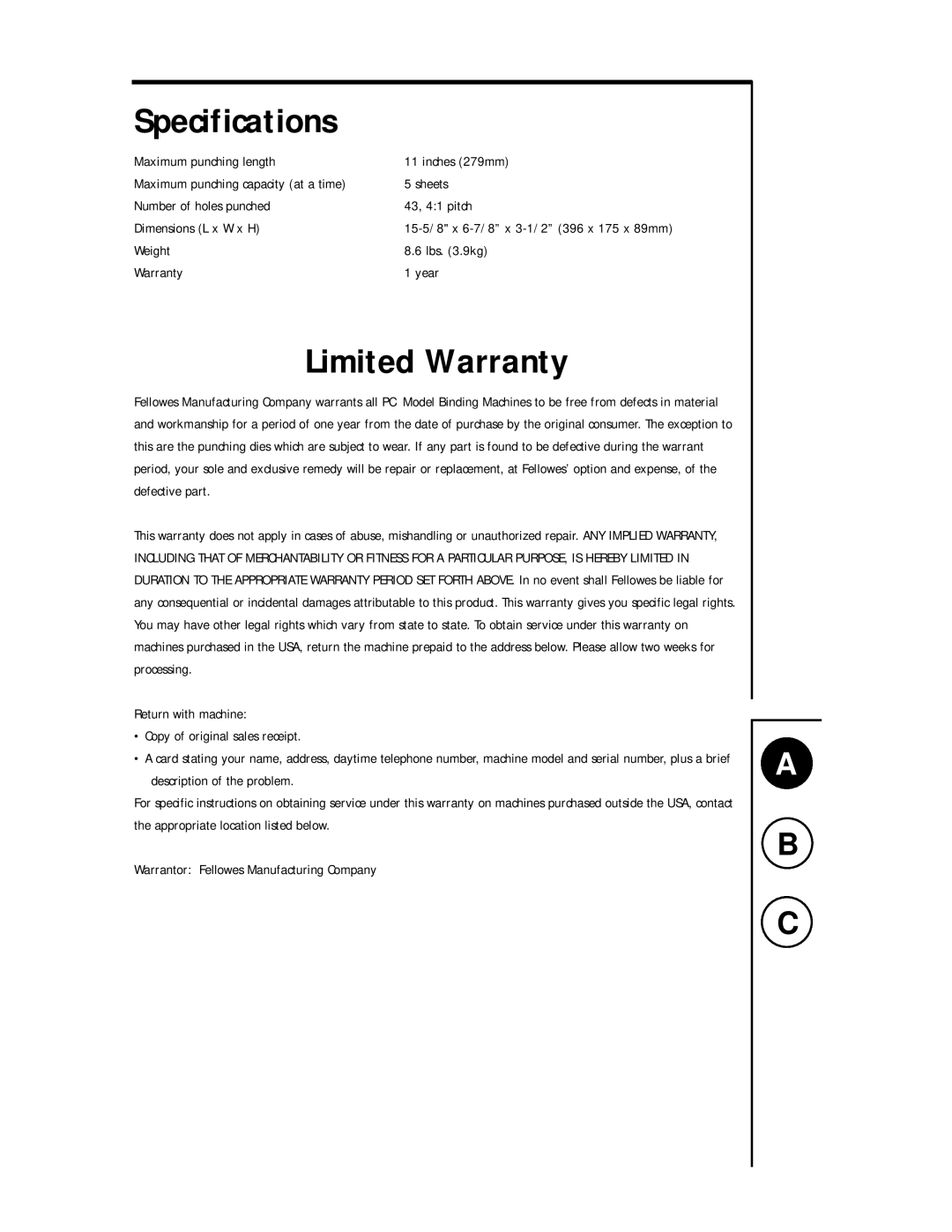 Fellowes PC 100 manual Specifications, Limited Warranty 