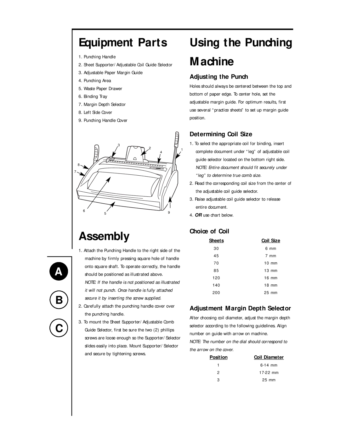 Fellowes PC 200 Assembly, Adjusting the Punch, Determining Coil Size, Choice of Coil, Adjustment Margin Depth Selector 