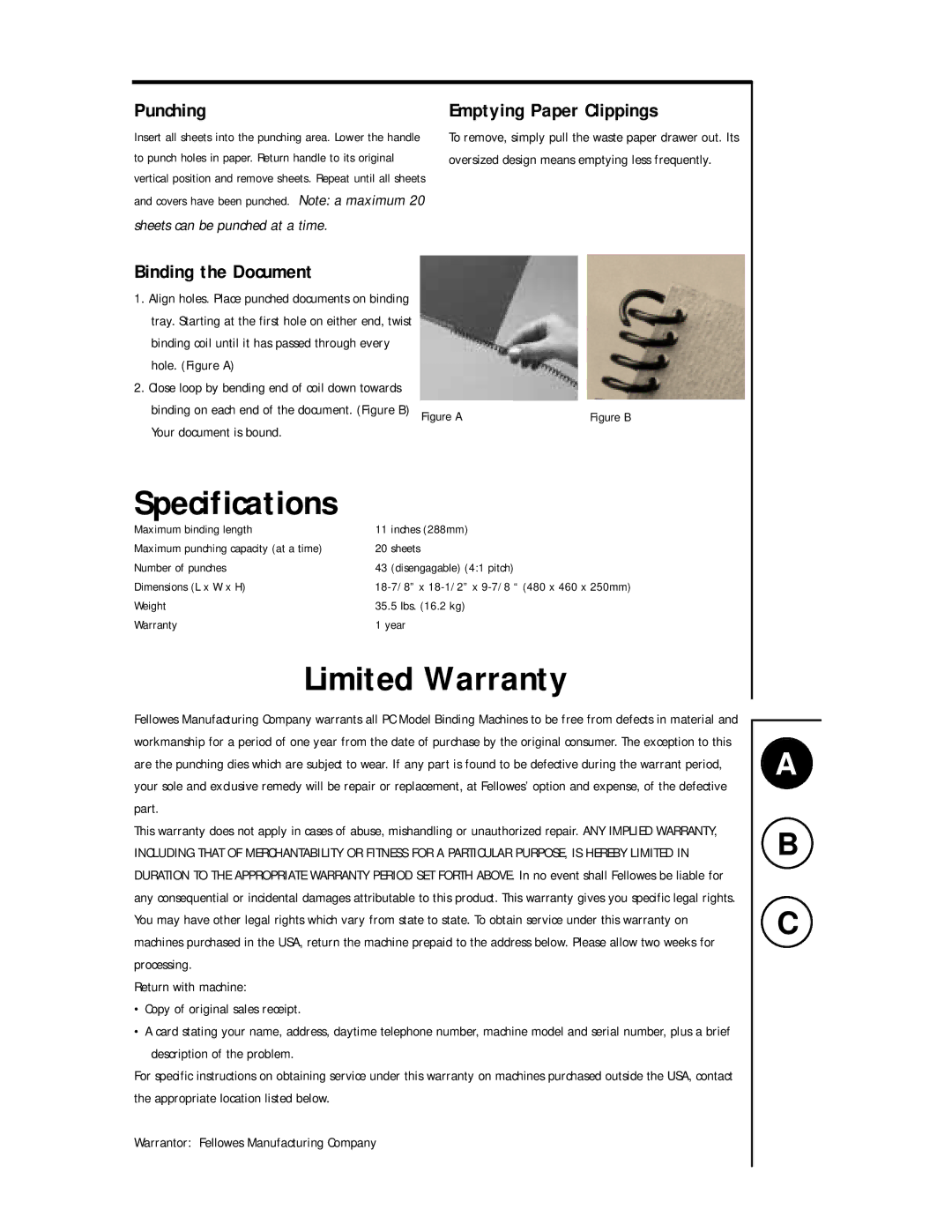 Fellowes PC 200 manual Specifications, Limited Warranty, Punching, Emptying Paper Clippings, Binding the Document 