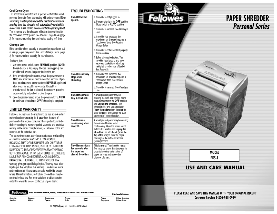 Fellowes PDS-1 warranty Limited Warranty, Troubleshooting, Cool-Down Cycle, Clearing a Jam, Fellowes, Inc. Form No Rev C 