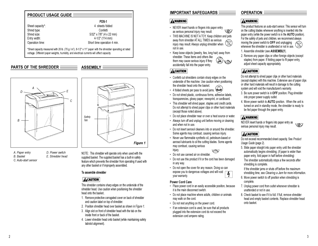 Fellowes PDS-1 Product Usage Guide, Operation, Parts of the Shredder Assembly, To assemble shredder, Power Cord Care 