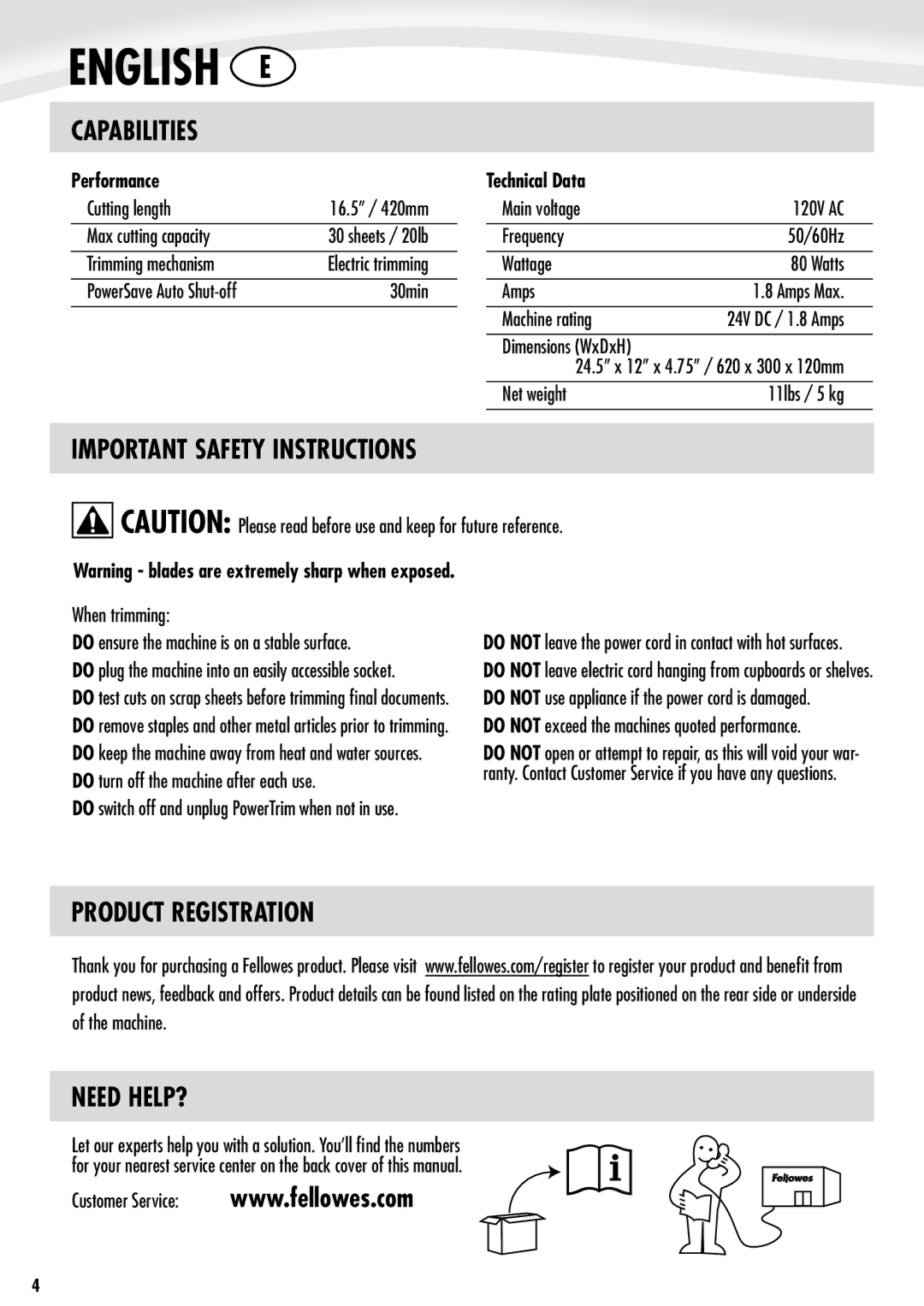 Fellowes PowerTrim manual Capabilities, Important Safety Instructions, Product Registration Need HELP?, Performance 