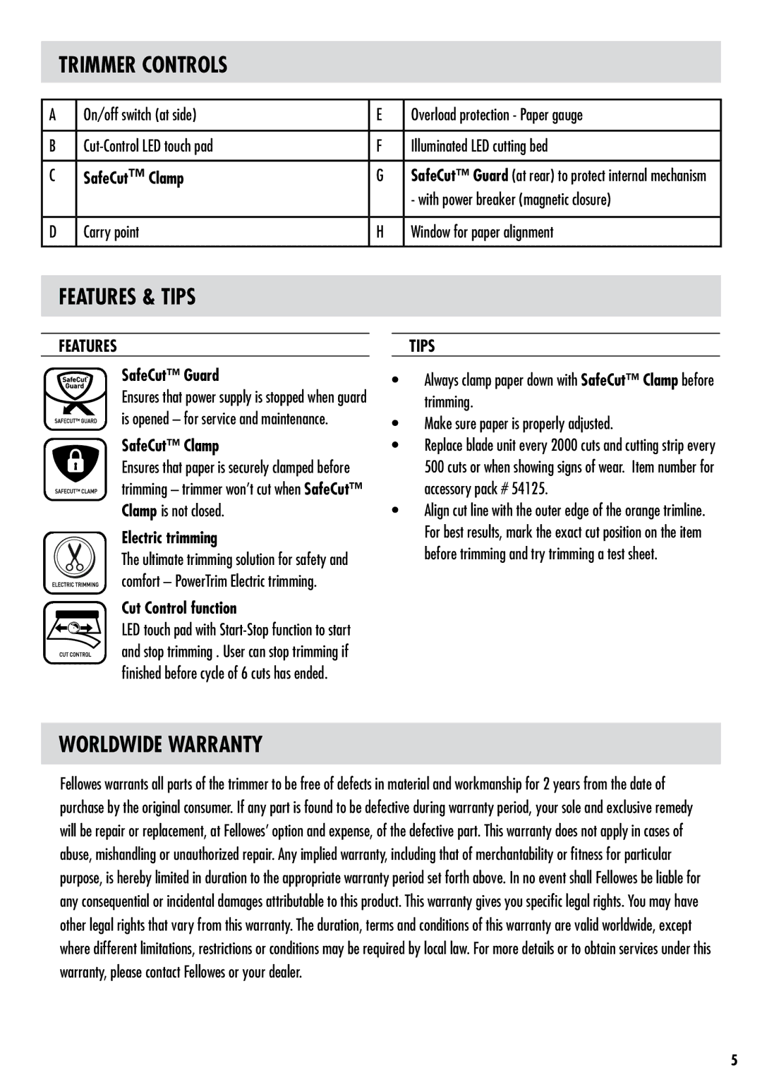 Fellowes PowerTrim manual Trimmer Controls, Features & Tips, Worldwide Warranty 