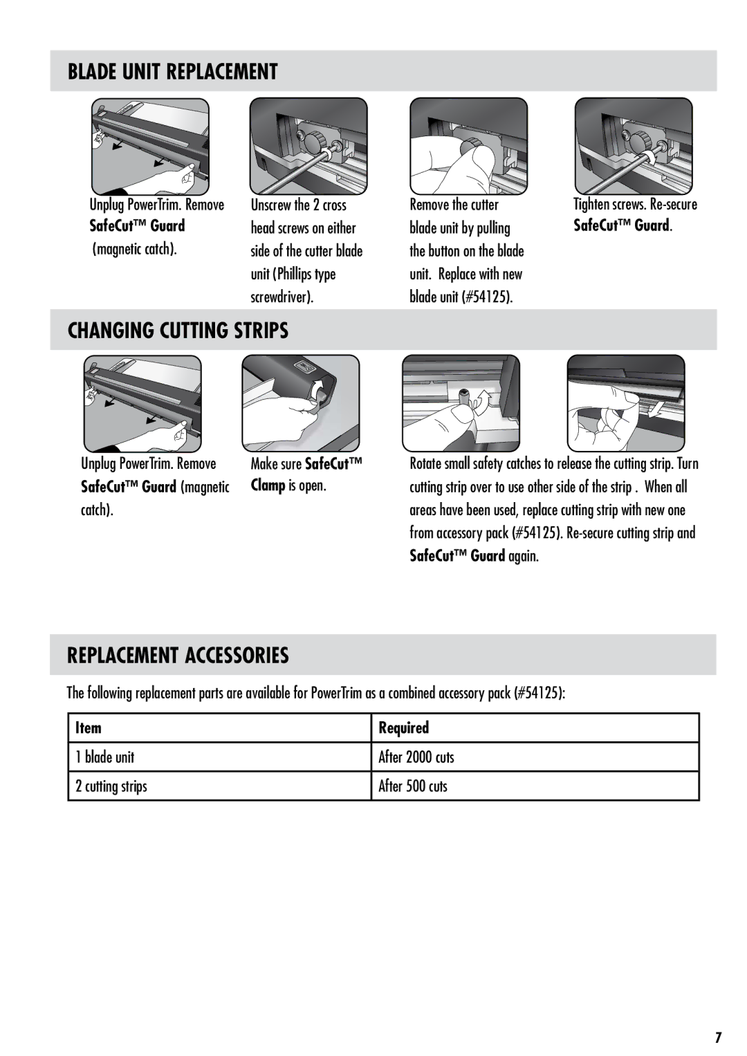 Fellowes PowerTrim manual Blade Unit Replacement, Changing Cutting Strips, Replacement Accessories, Required 