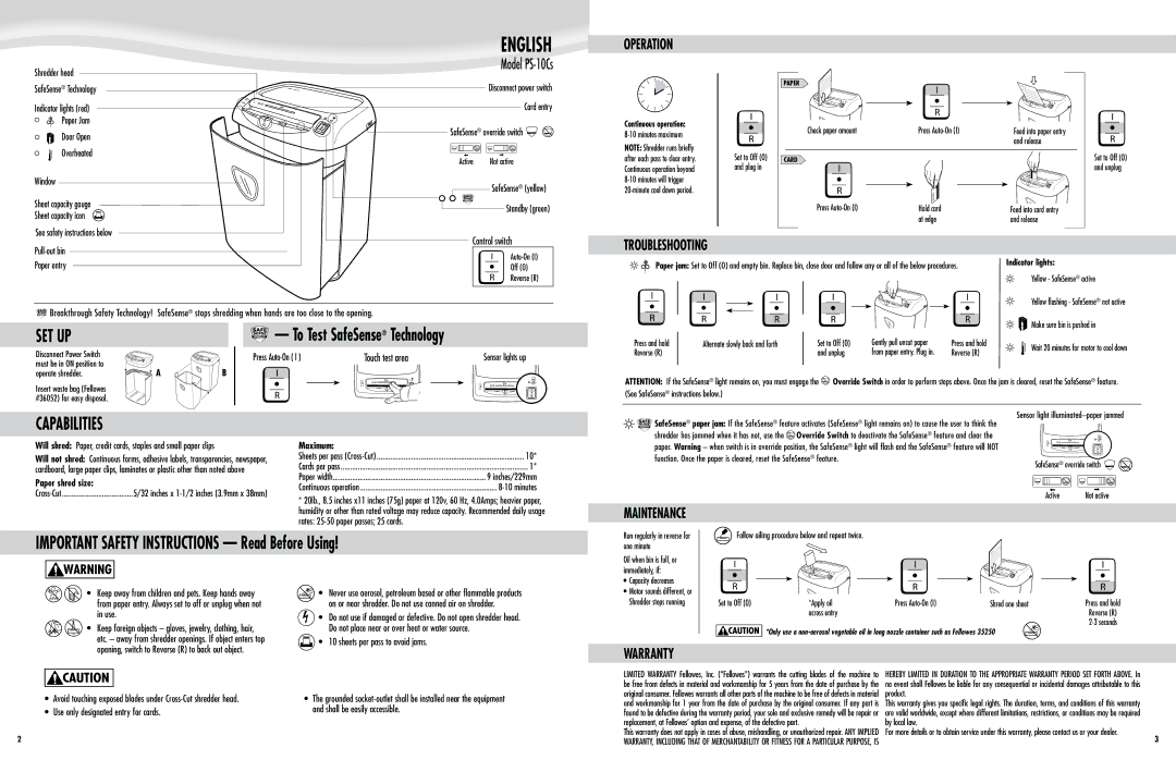 Fellowes PS-10Cs manual Set Up, To Test SafeSense Technology, Capabilities, IMPORTANT SAFETY INSTRUCTIONS Read Before Using 