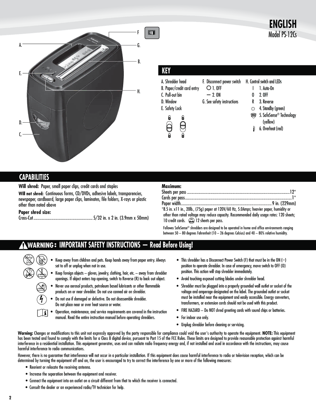 Fellowes PS-12Cs manual Key, Capabilities, Off, Maximum 