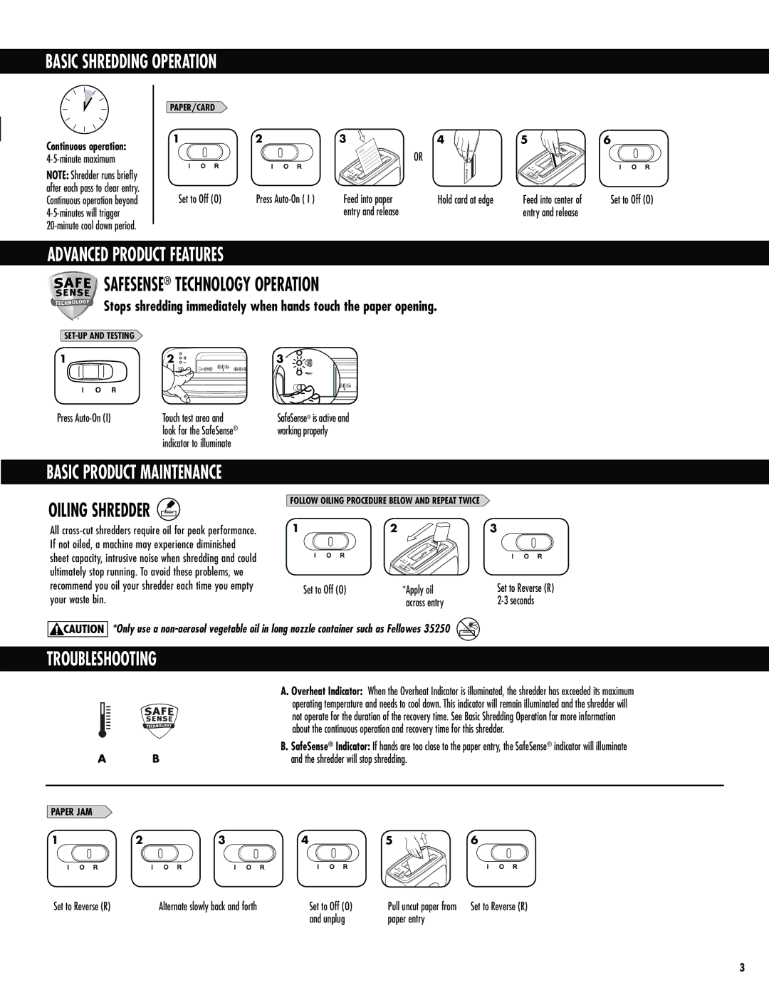 Fellowes PS-12Cs manual Basic Shredding Operation, Advanced Product Features, Basic Product Maintenance, Troubleshooting 