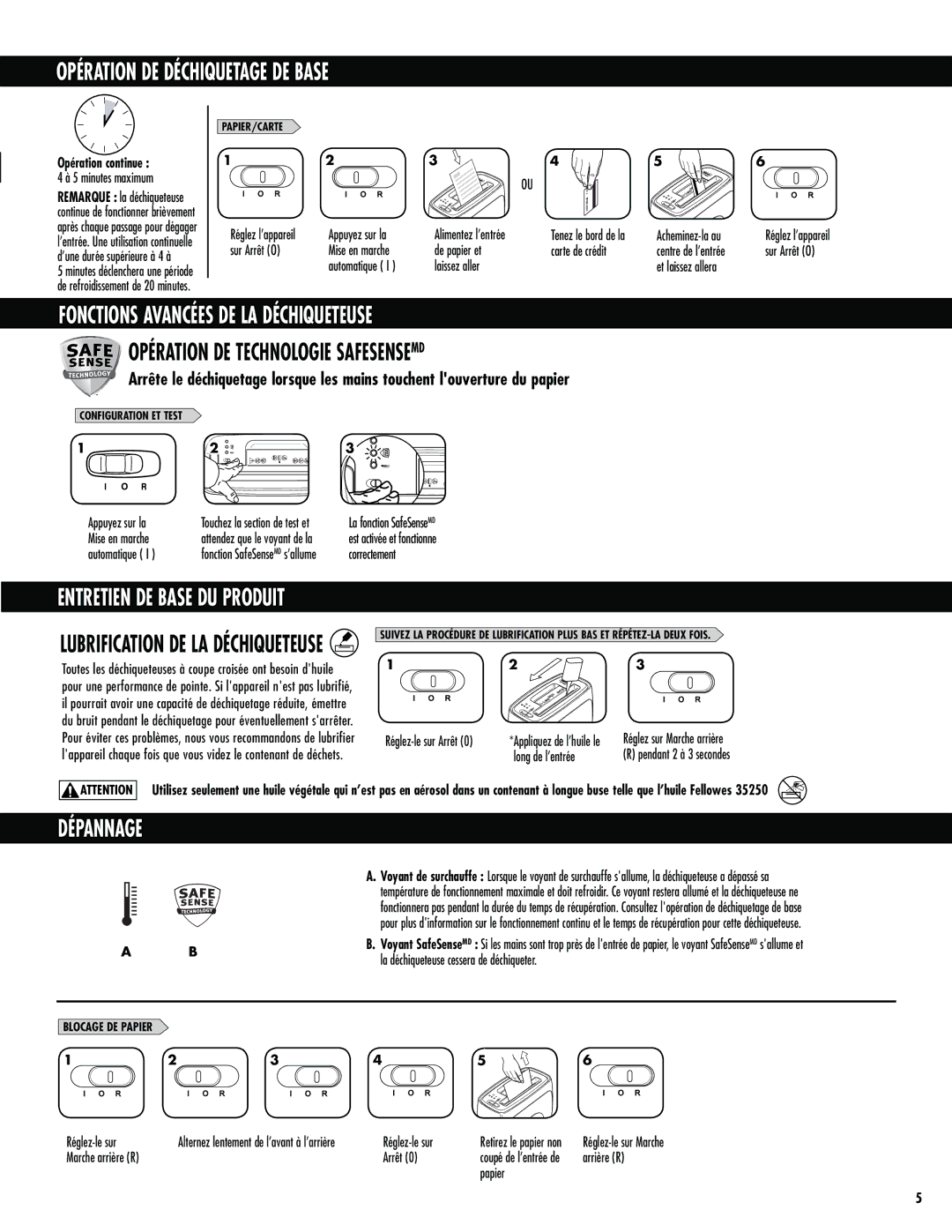 Fellowes PS-12Cs manual Opération DE Déchiquetage DE Base, Fonctions Avancées DE LA Déchiqueteuse, Dépannage 