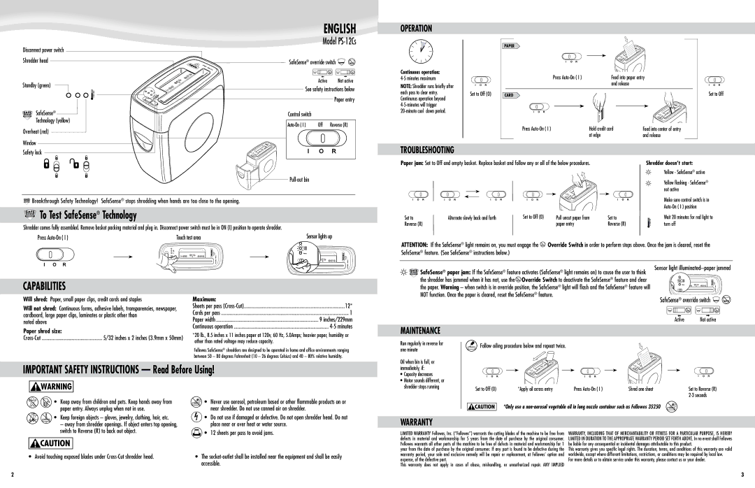 Fellowes PS-12Cs manual To Test SafeSense Technology, IMPORTANT SAFETY INSTRUCTIONS Read Before Using 