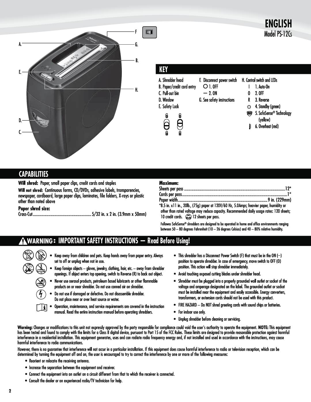 Fellowes Capabilities, IMPORTANT SAFETY INSTRUCTIONS - Read Before Using, Paper shred size, English, Model PS-12Cs 