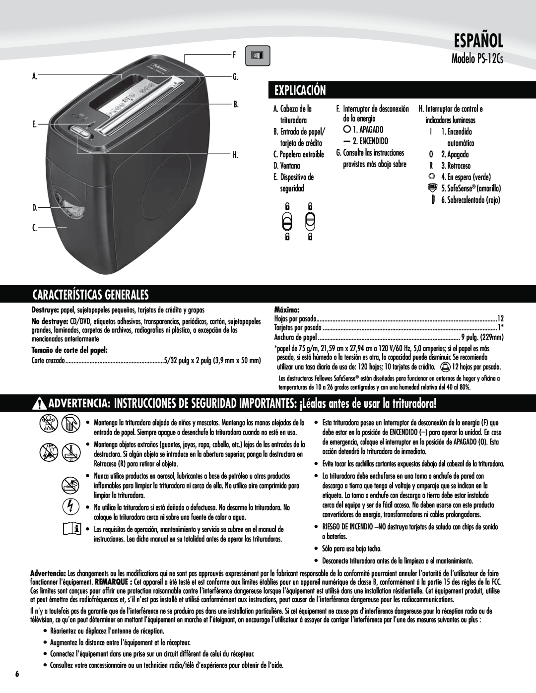 Fellowes manual Explicación, Características Generales, Modelo PS-12Cs, Español 