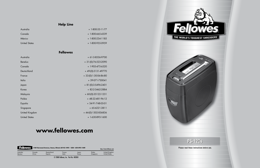 Fellowes PS-12Cs manual Help Line, Fellowes 