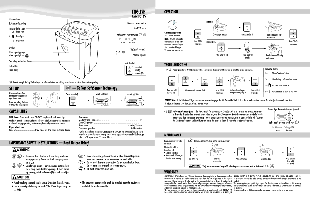 Fellowes PS-14Cs manual Set Up, To Test SafeSense Technology, Capabilities, IMPORTANT SAFETY INSTRUCTIONS Read Before Using 