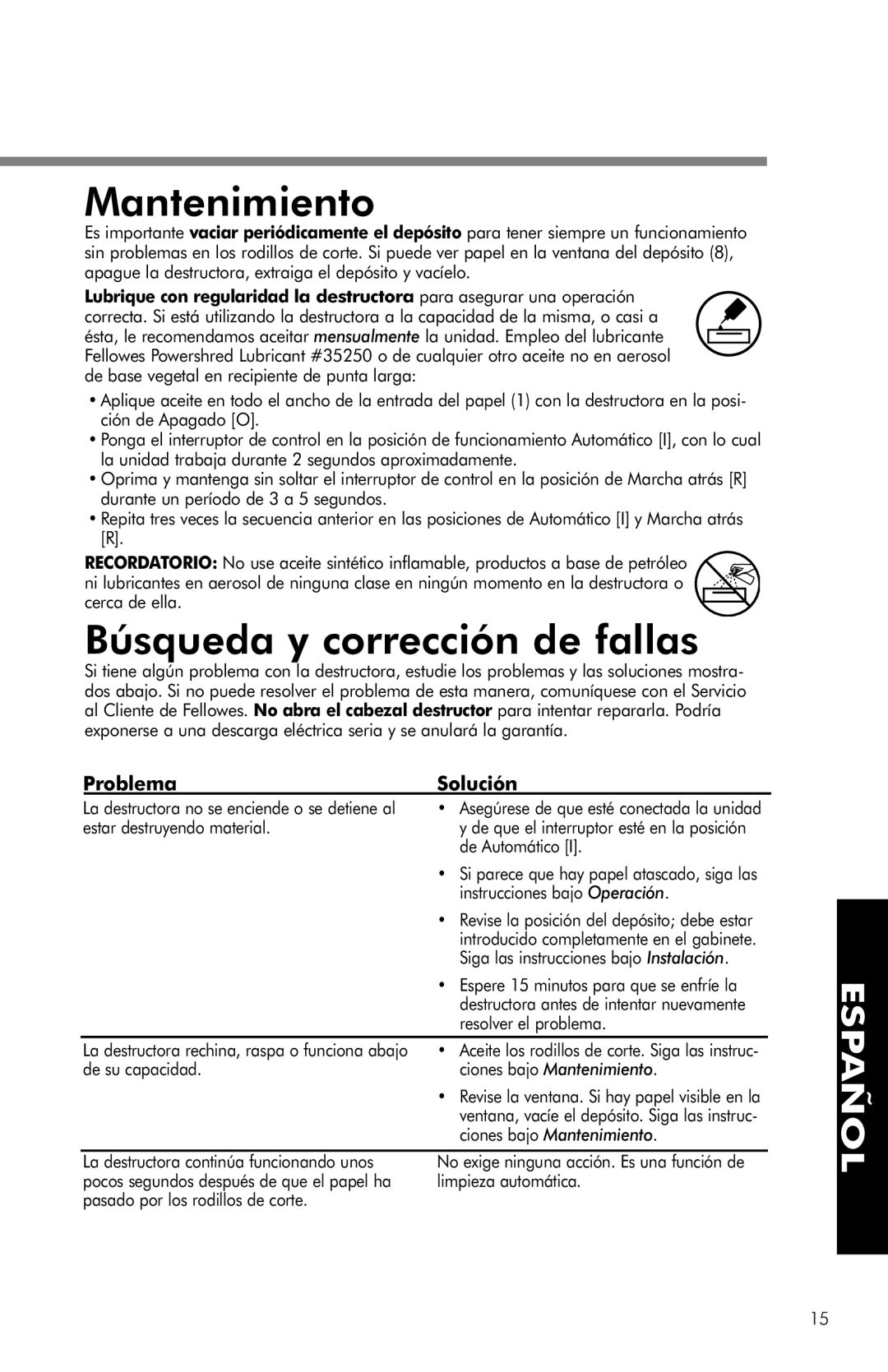 Fellowes PS-62C manual Mantenimiento, Búsqueda y corrección de fallas, Problema Solución 