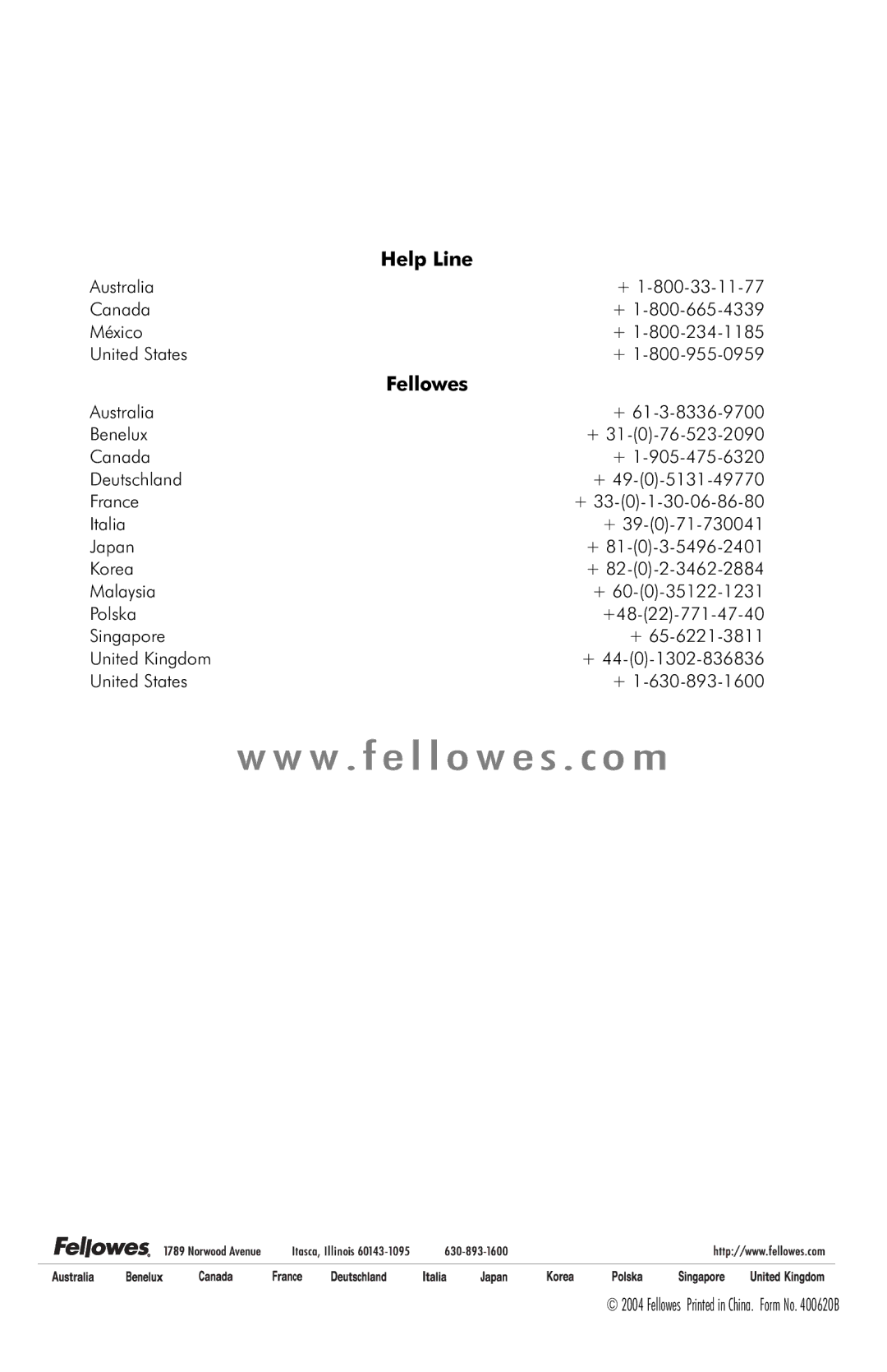 Fellowes PS-62C manual Help Line, Australia Canada México United States 