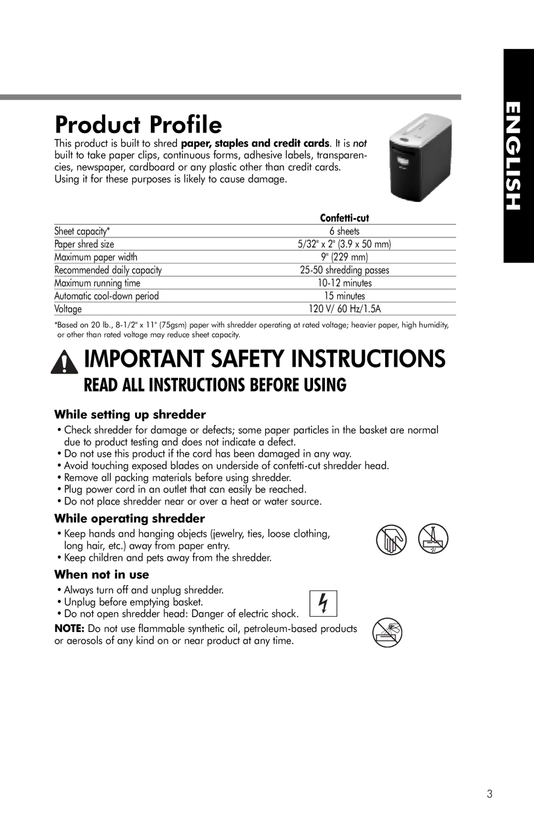 Fellowes PS-62C manual Product Profile, While setting up shredder, While operating shredder, When not in use 