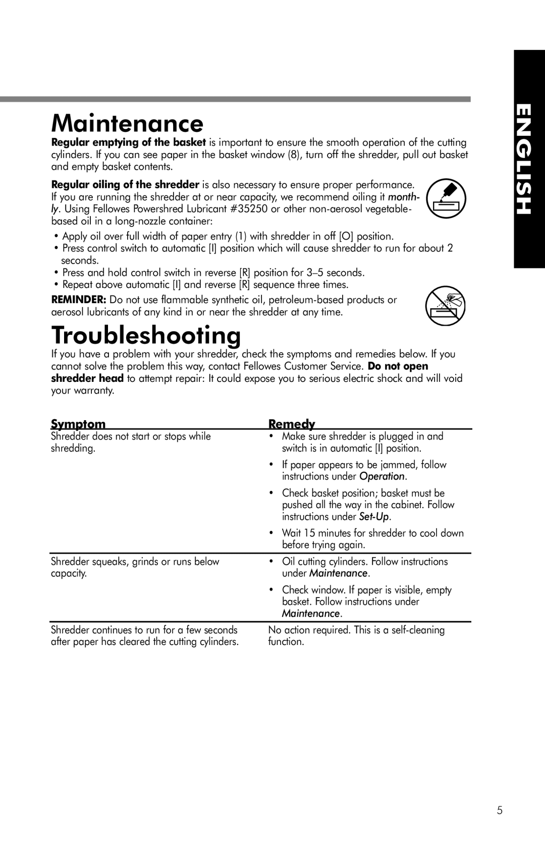 Fellowes PS-62C manual Maintenance, Troubleshooting, Symptom Remedy 