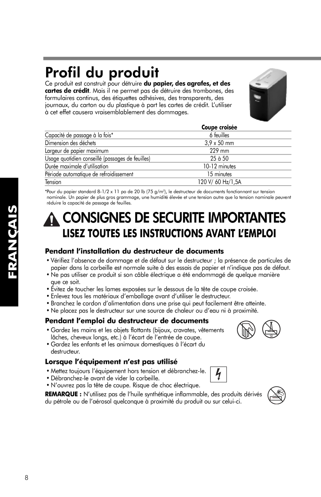 Fellowes PS-62C manual Profil du produit, Pendant l’installation du destructeur de documents 