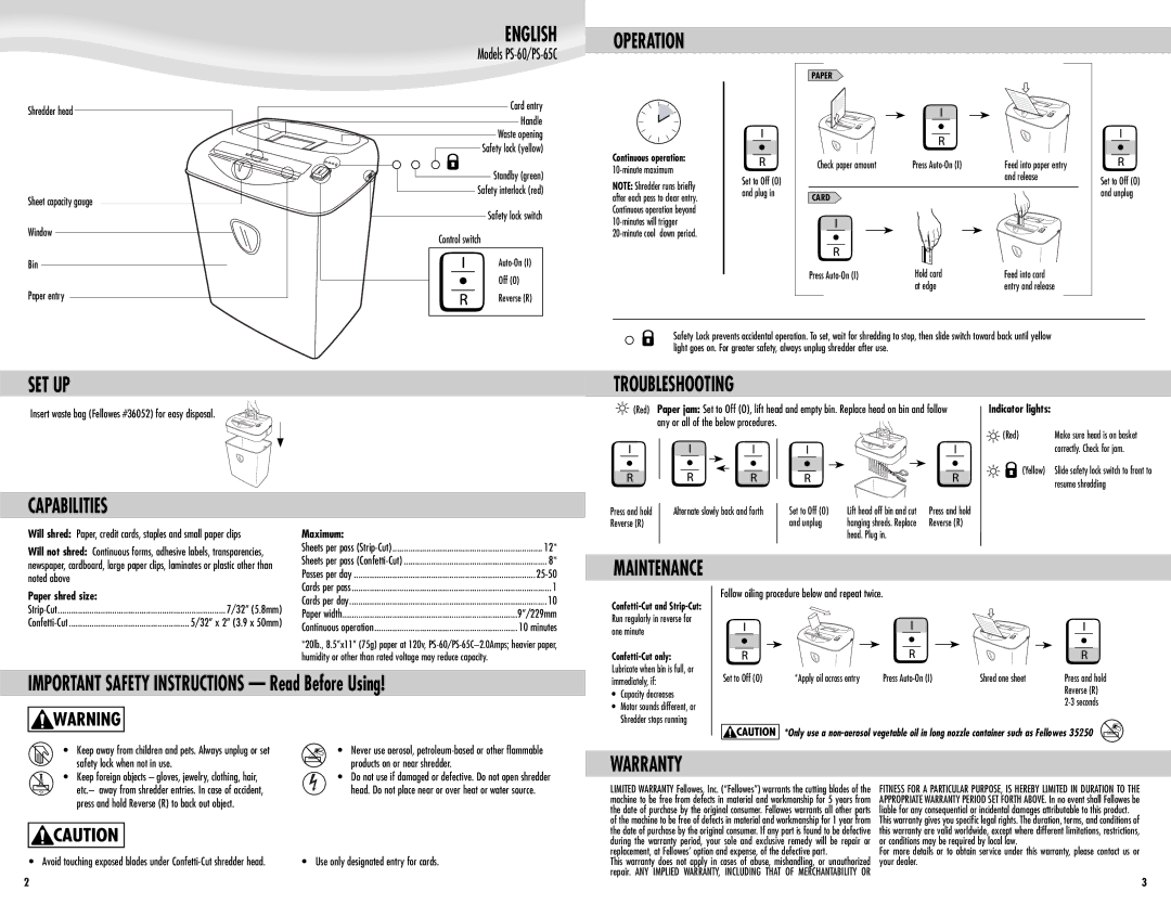 Fellowes PS-65CPS-60 manual English, Operation, Set Up, Troubleshooting, Capabilities, Warranty 