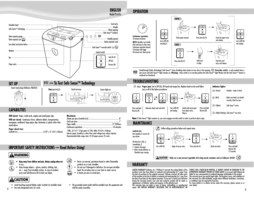 Fellowes PS-67Cs manual Operation, Set Up, Troubleshooting, Capabilities, Maintenance, Warranty 