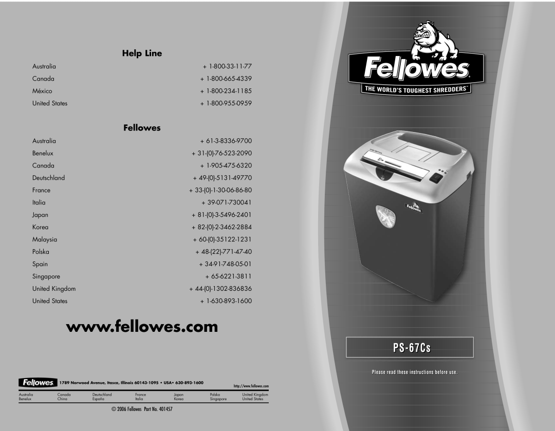 Fellowes PS-67Cs manual Help Line, Fellowes Part No 
