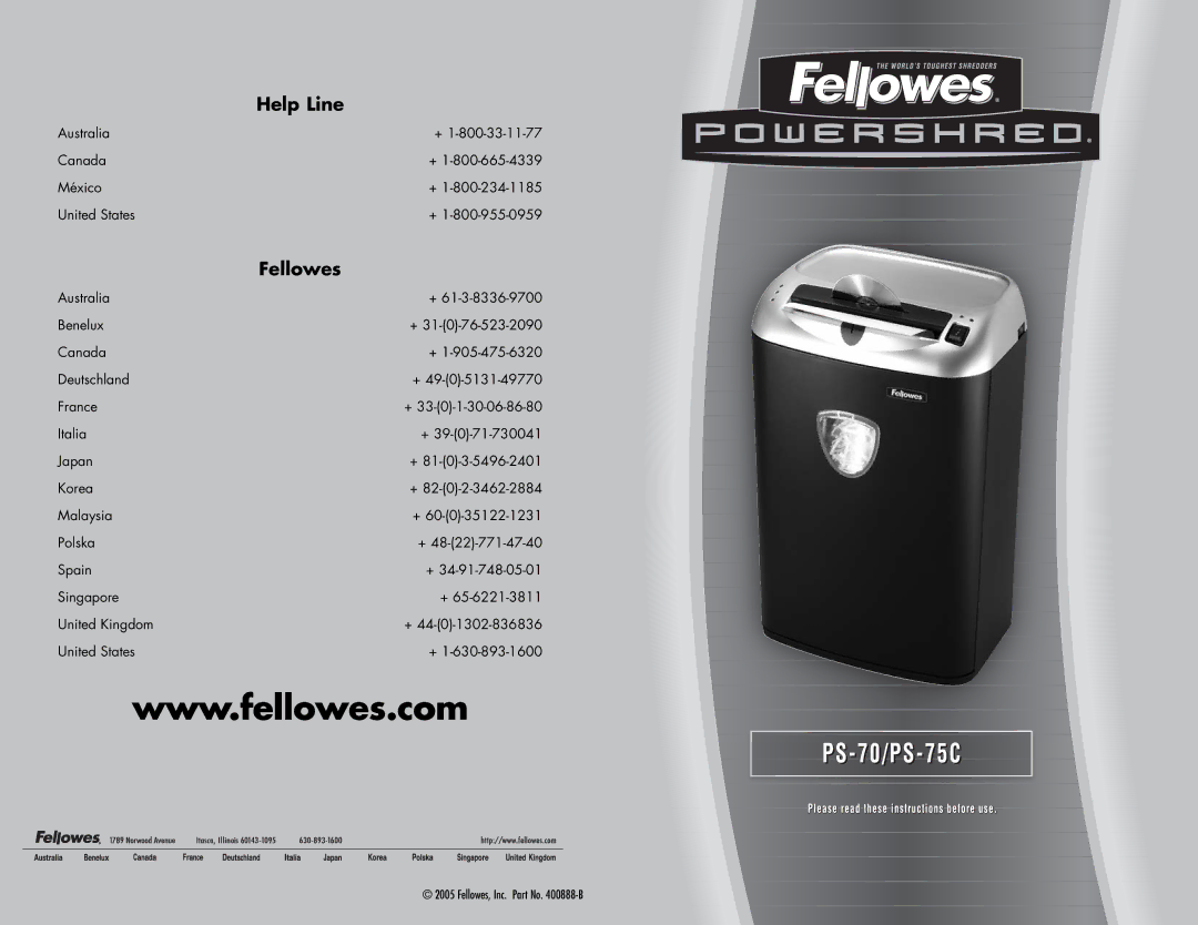 Fellowes PS-70, PS-75C manual Fellowes, Inc. Part No -B 