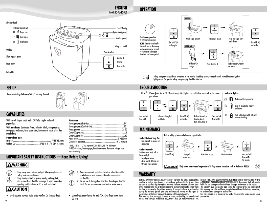 Fellowes PS-75C, PS-70 manual English, Operation, Set Up, Troubleshooting, Capabilities, Warranty 