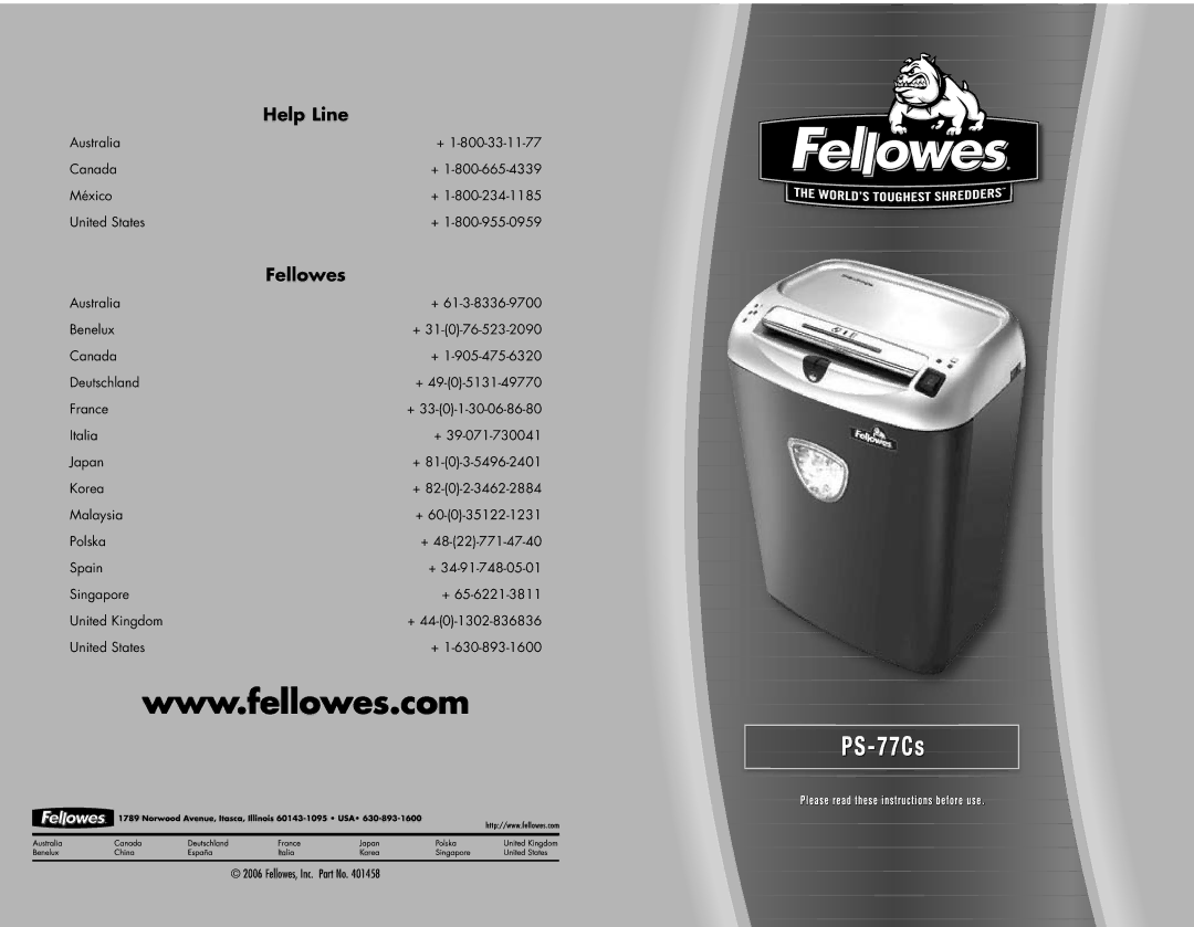 Fellowes PS-77Cs manual Help Line 