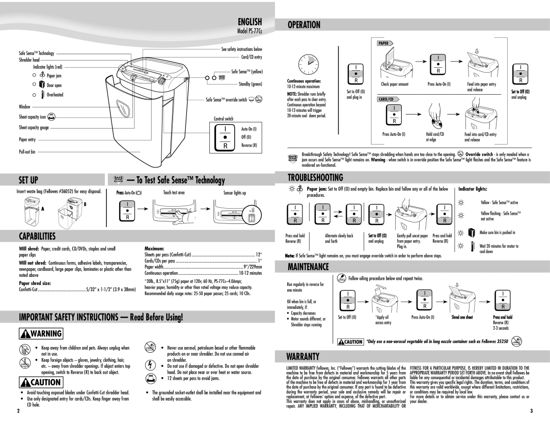 Fellowes PS-77Cs manual Operation, Set Up, Capabilities Troubleshooting, Maintenance, Warranty 