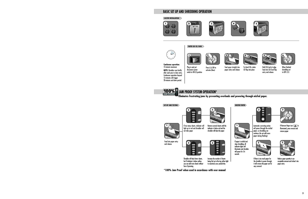 Fellowes PS-79Ci manual Basic SET UP and Shredding Operation, JAM Proof System Operation 