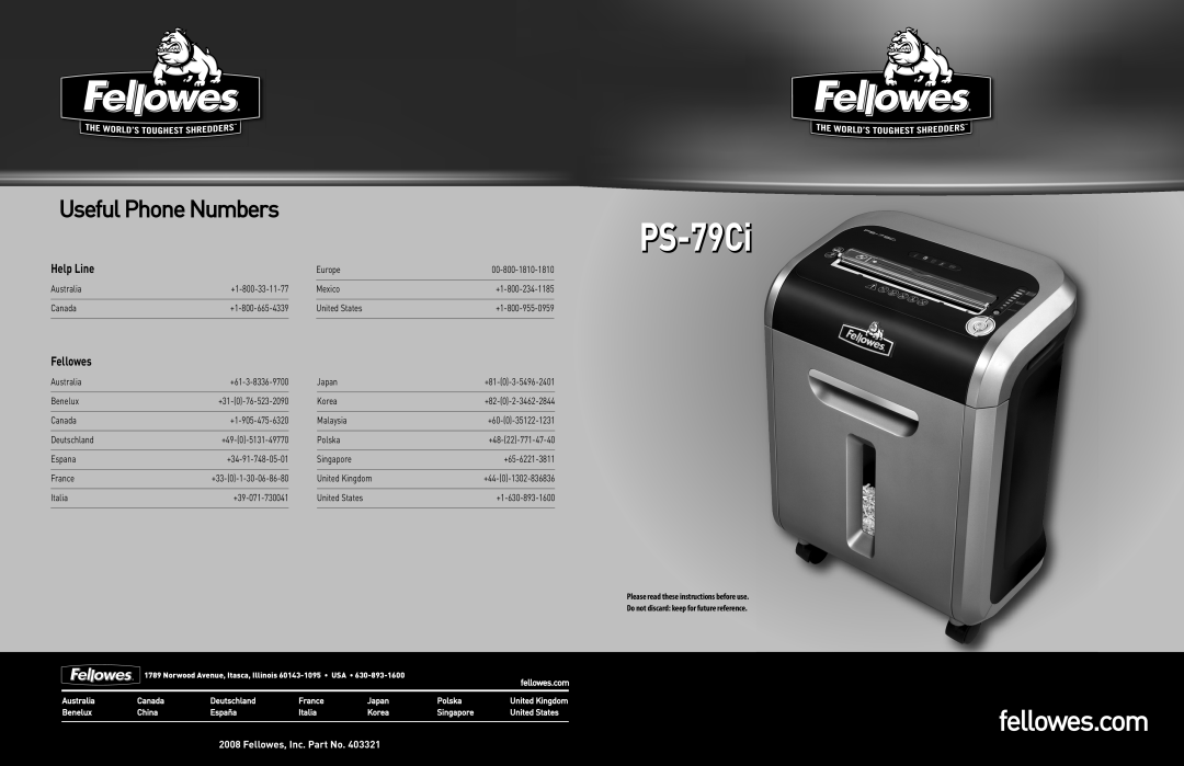 Fellowes PS-79Ci manual Help Line, Please read these instructions before use, Do not discard keep for future reference 