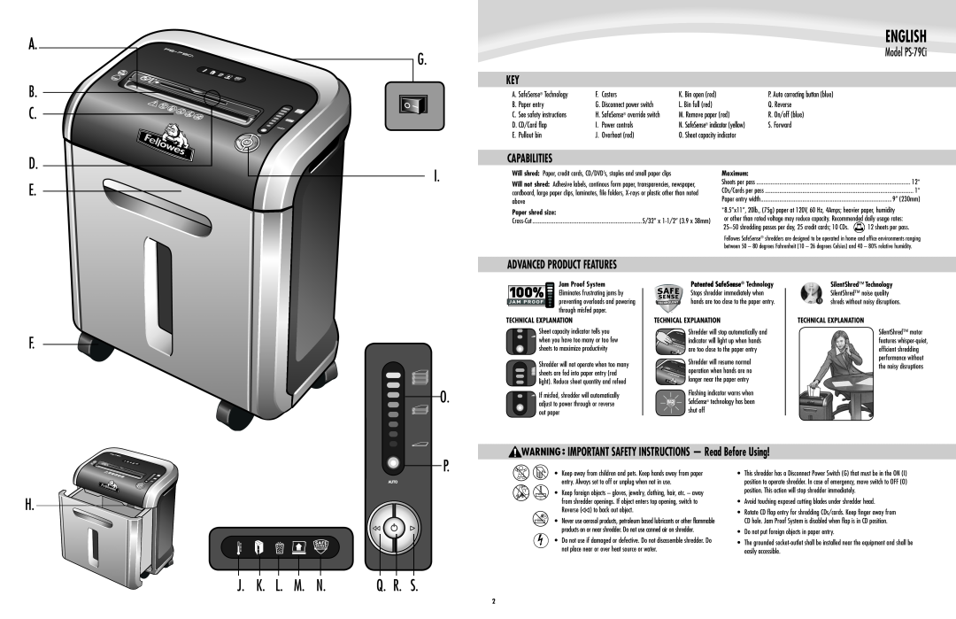 Fellowes Model PS-79Ci, Capabilities, Advanced Product Features, IMPORTANT SAFETY INSTRUCTIONS - Read Before Using 