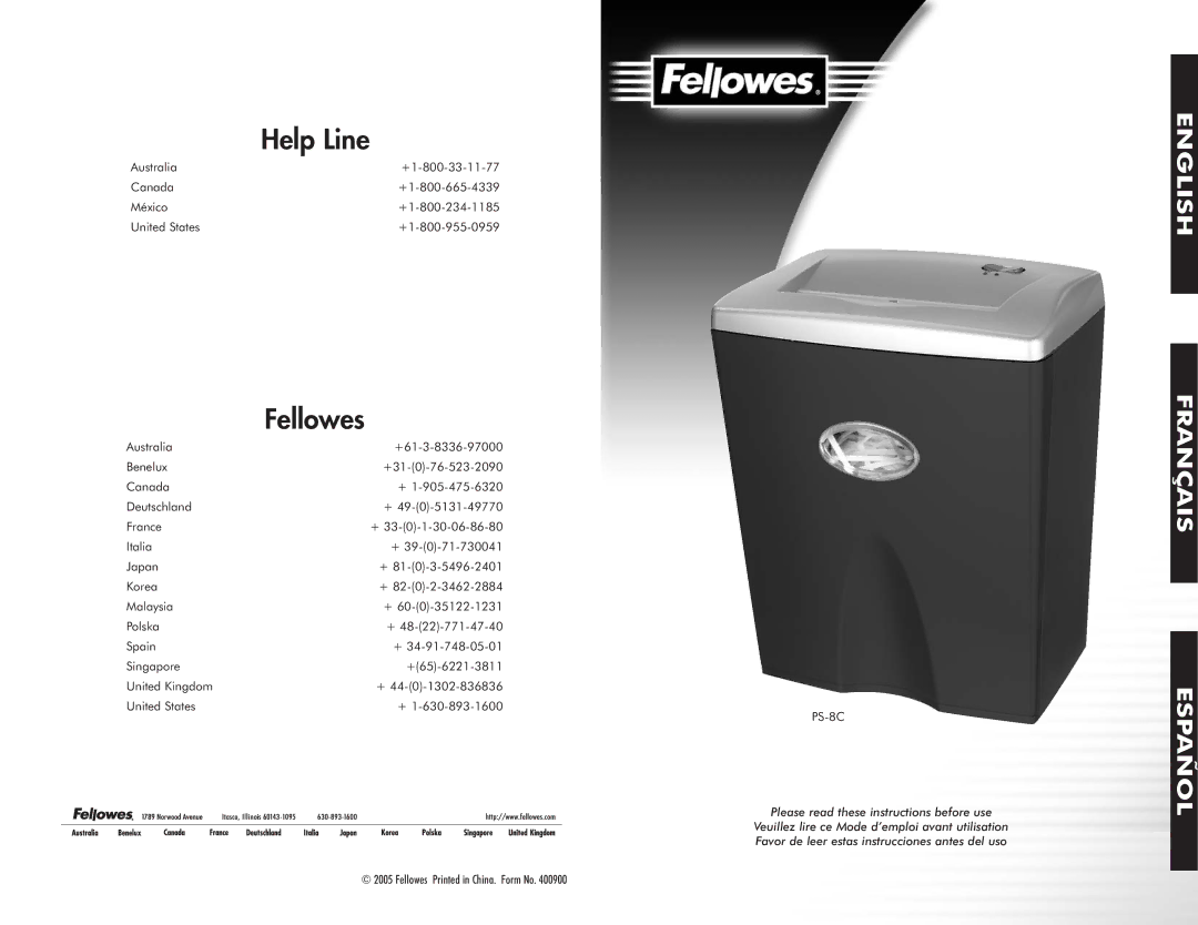 Fellowes PS-8C manual Help Line, Please read these instructions before use 