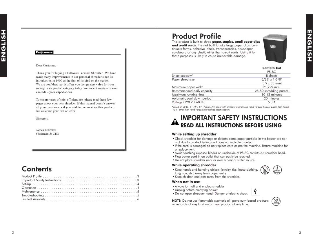 Fellowes PS-8C manual Contents, Product Profile 