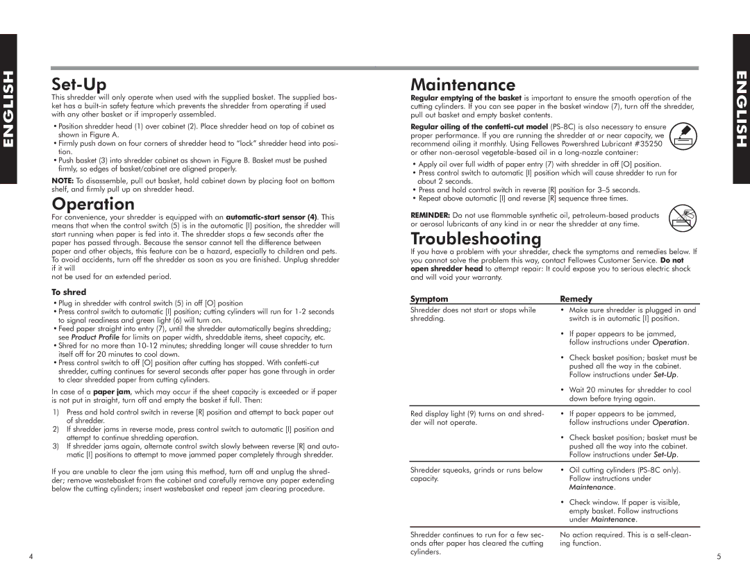 Fellowes PS-8C manual Set-Up, Operation, Maintenance, Troubleshooting 