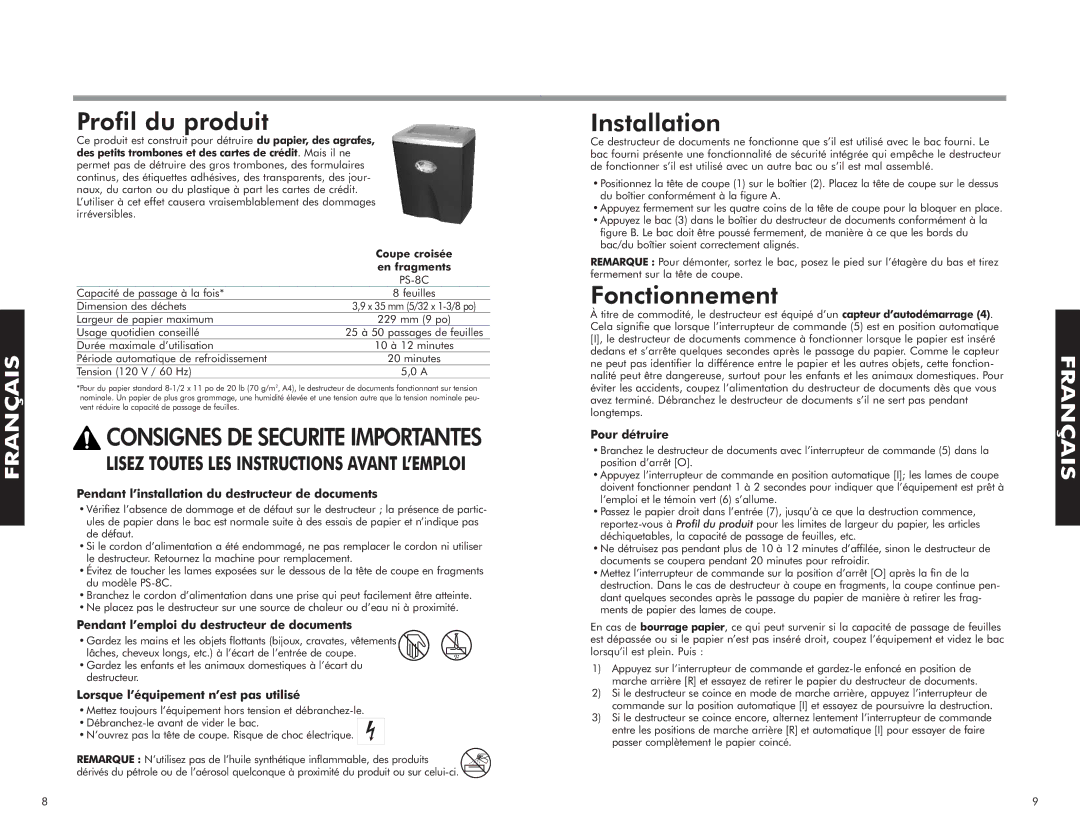 Fellowes PS-8C manual Profil du produit, Installation, Fonctionnement 